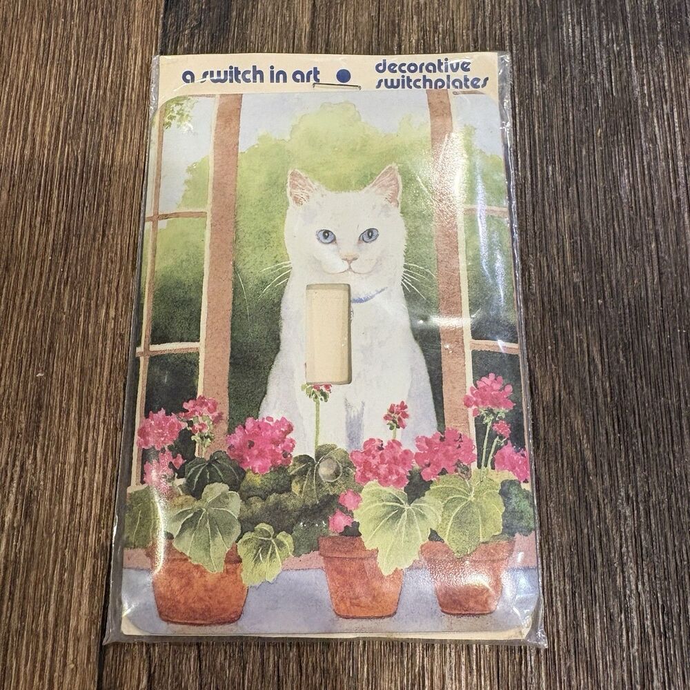 Vintage Cat Light Switch Cover Plate White Floral Window “A Switch In Art”